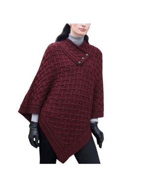 NWT Aran Mor Ireland merino wool super soft lattice stitch poncho cape burgundy